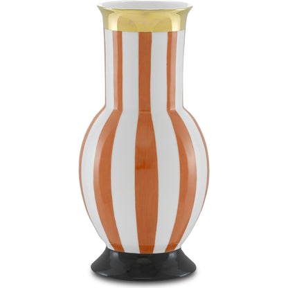 De Luca Stripe Vase by Currey and Company in coral. Made from porcelain in a modern style.