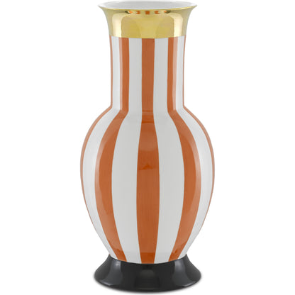 De Luca Stripe Vase by Currey and Company in coral. Made from porcelain in a modern style.
