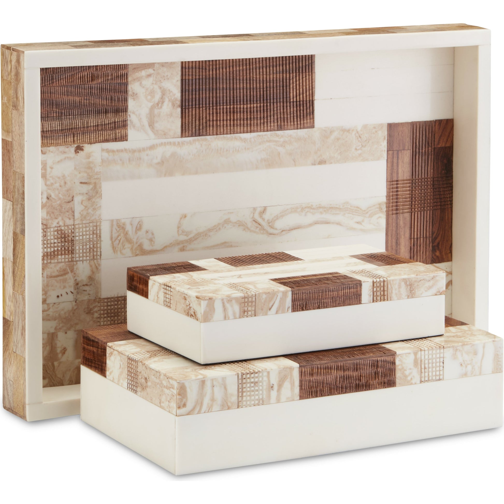1940S Box Set by Currey and Company in beige, brown, ivory, natural. Made from composite, fabric, wood in a traditional style.