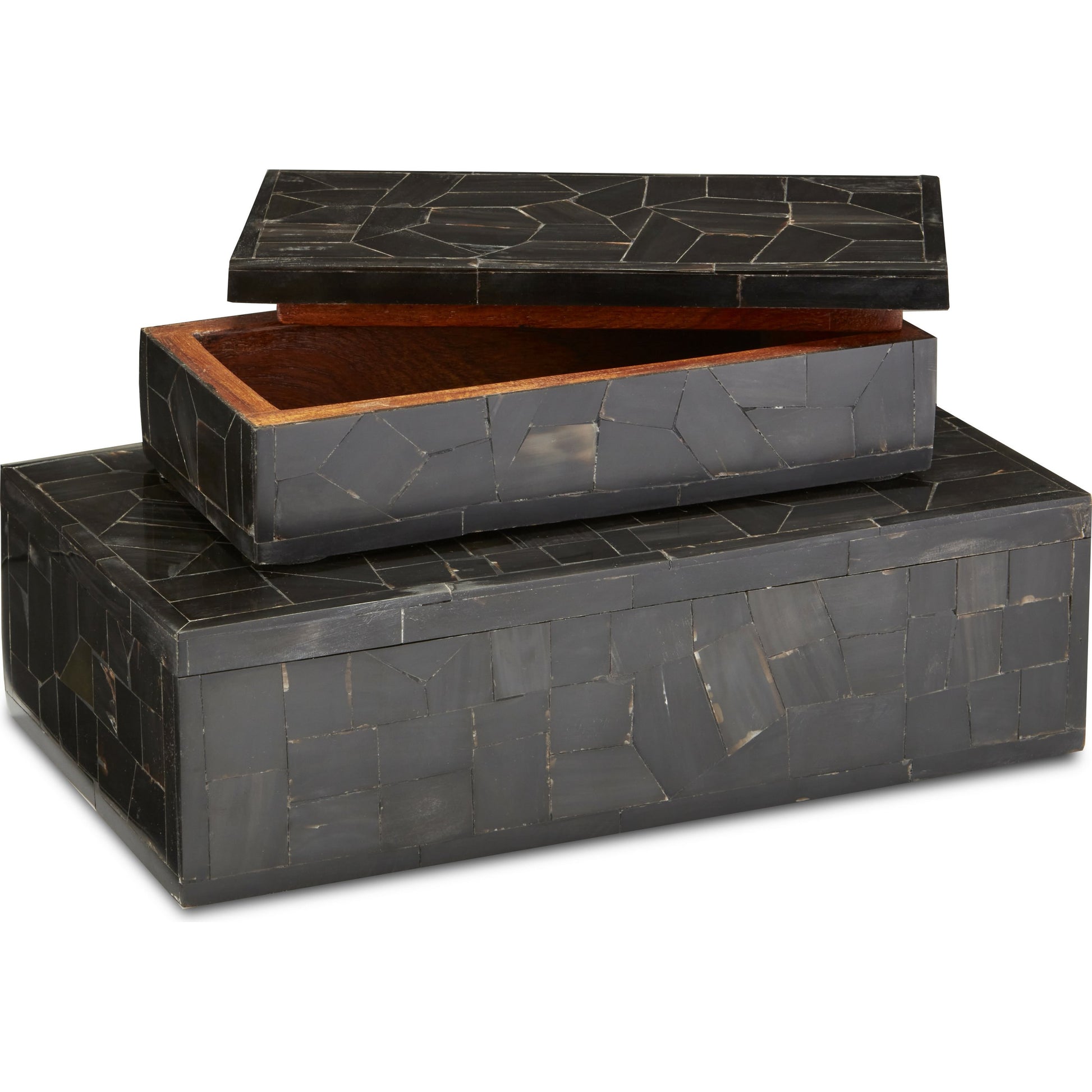 Bone Mosaic Box Set by Currey and Company in black. Made from bone, wood in a traditional style.