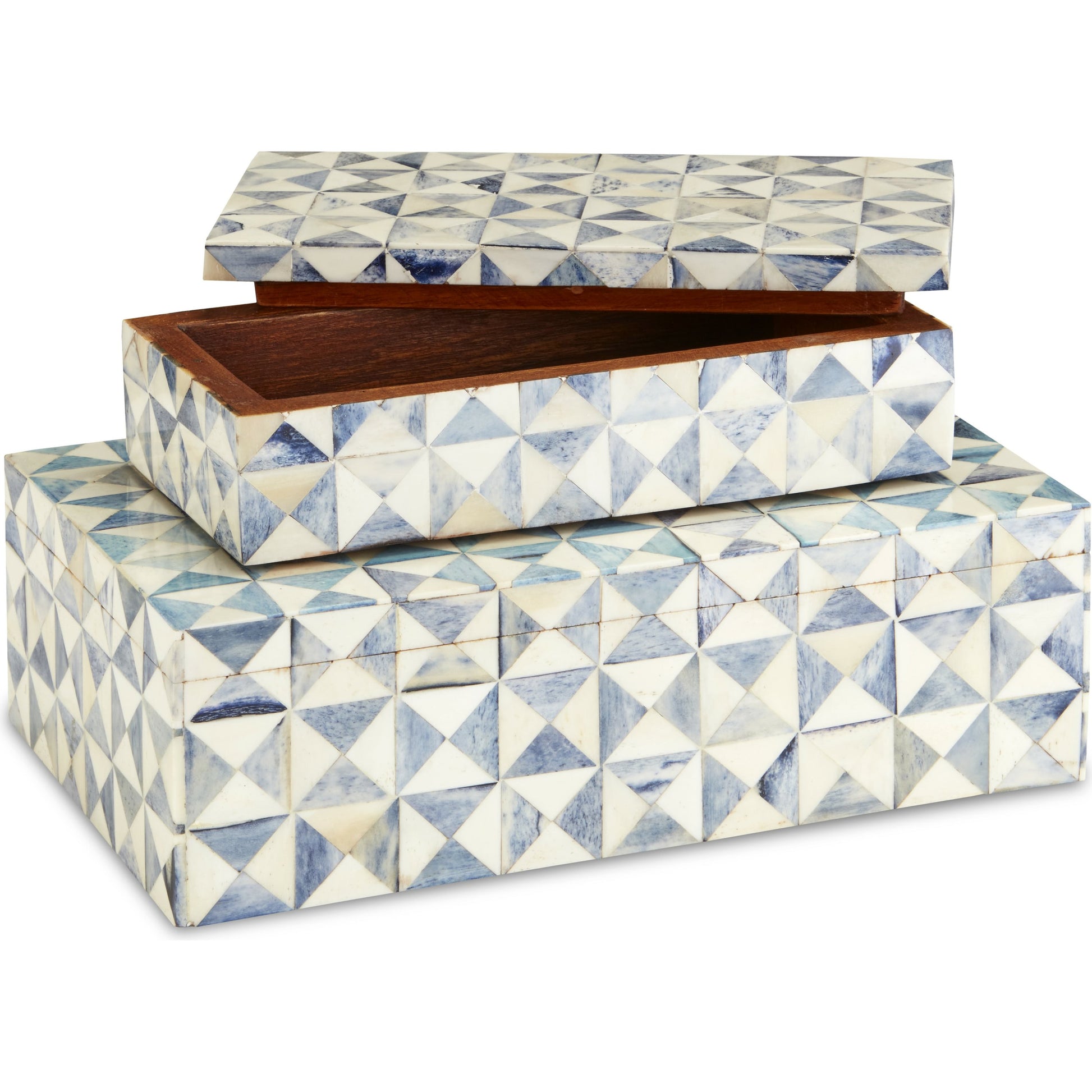 Sky Box Set by Currey and Company in blue, white. Made from bone, wood in a unique style.