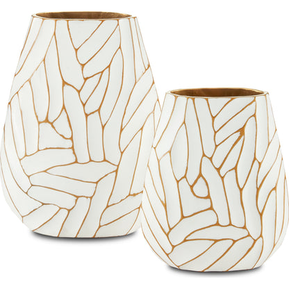 Anika Vase Set by Currey and Company in white, gold. Made from cast aluminum in a transitional style.