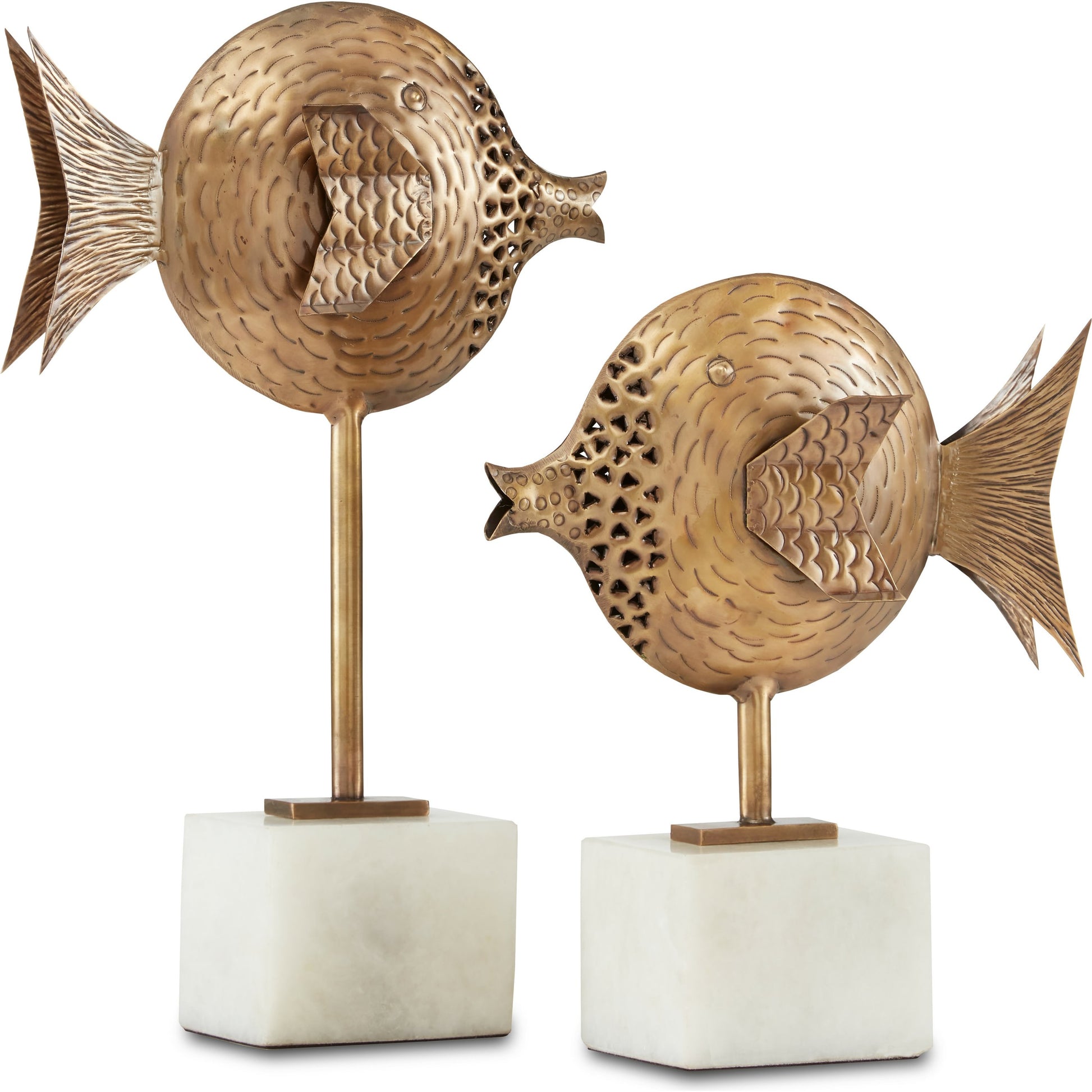 Cici Fish Set by Currey and Company in antique brass, white. Made from brass, marble in a coastal style.