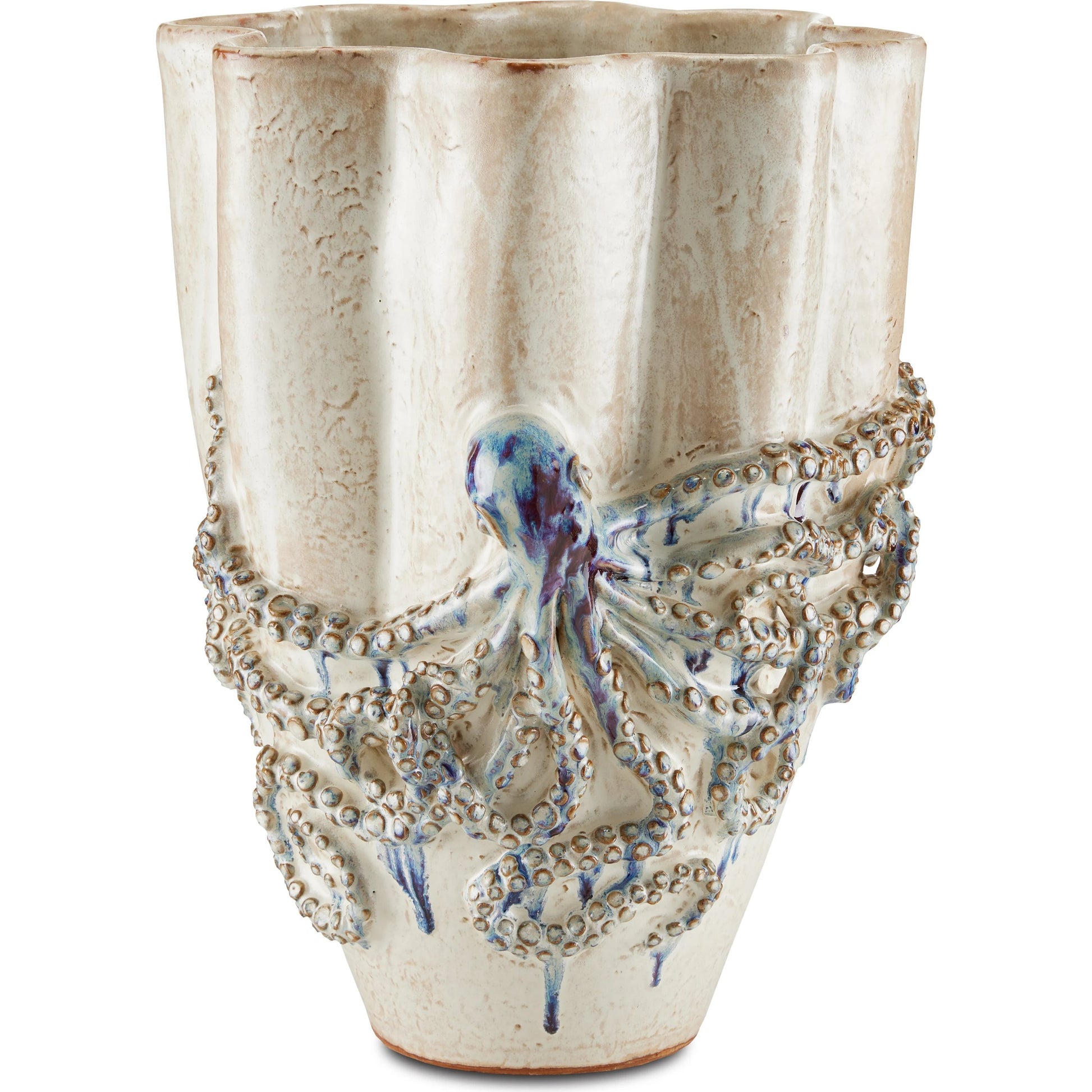 Octopus Vase by Currey and Company in cream, reactive blue. Made from ceramic in a coastal style.