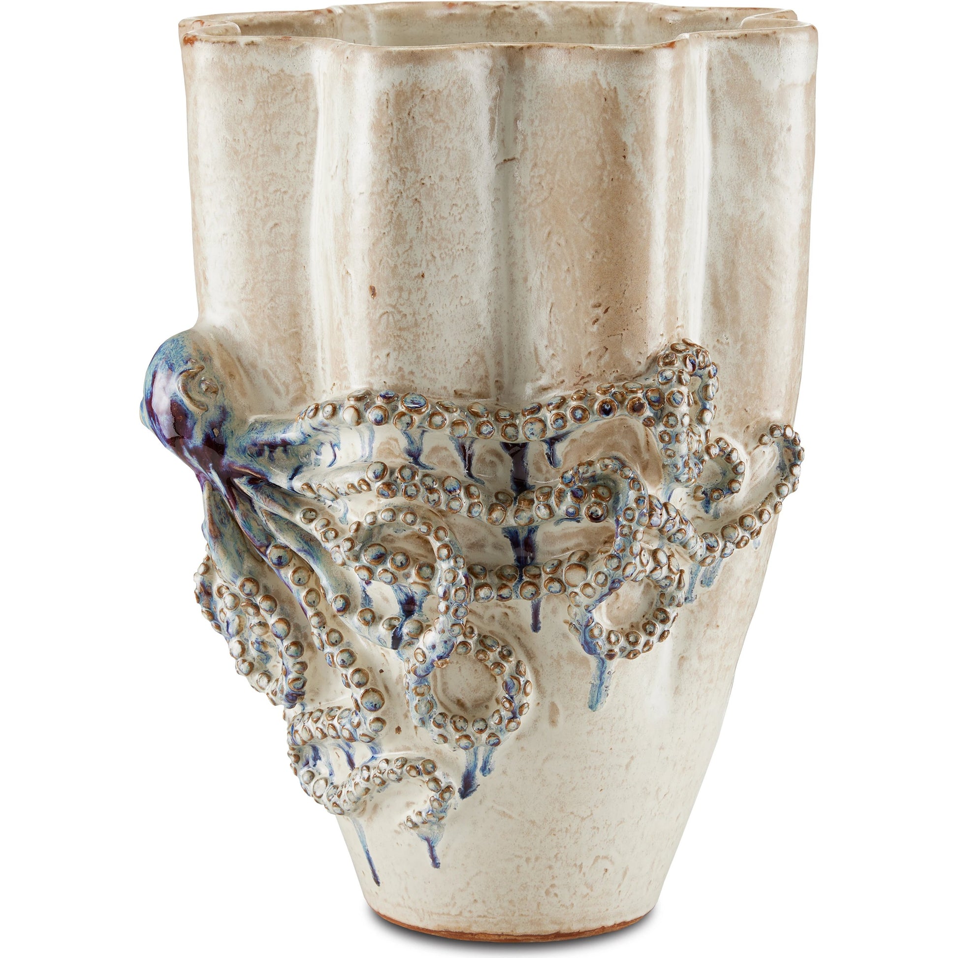 Octopus Vase by Currey and Company in cream, reactive blue. Made from ceramic in a coastal style.