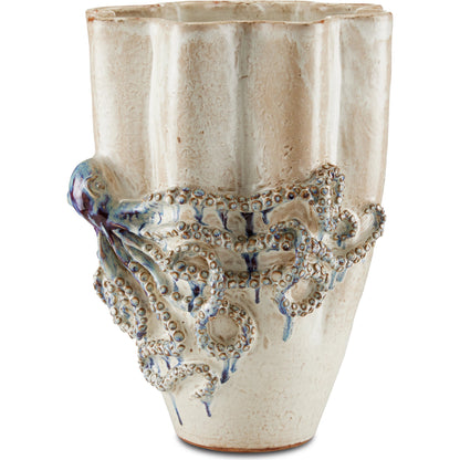 Octopus Vase by Currey and Company in cream, reactive blue. Made from ceramic in a coastal style.