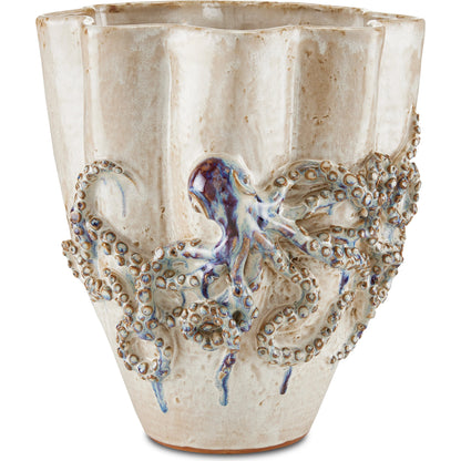 Octopus Vase by Currey and Company in cream, reactive blue. Made from ceramic in a coastal style.