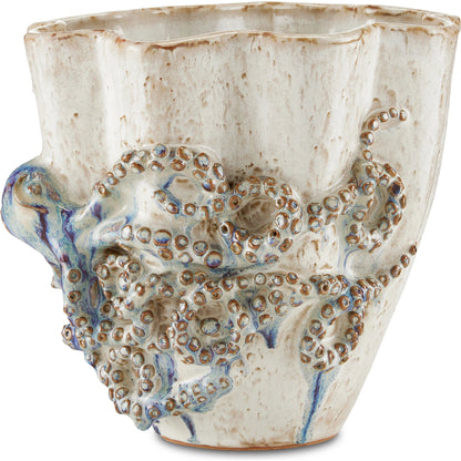 Octopus Vase by Currey and Company in cream, reactive blue. Made from ceramic in a coastal style.
