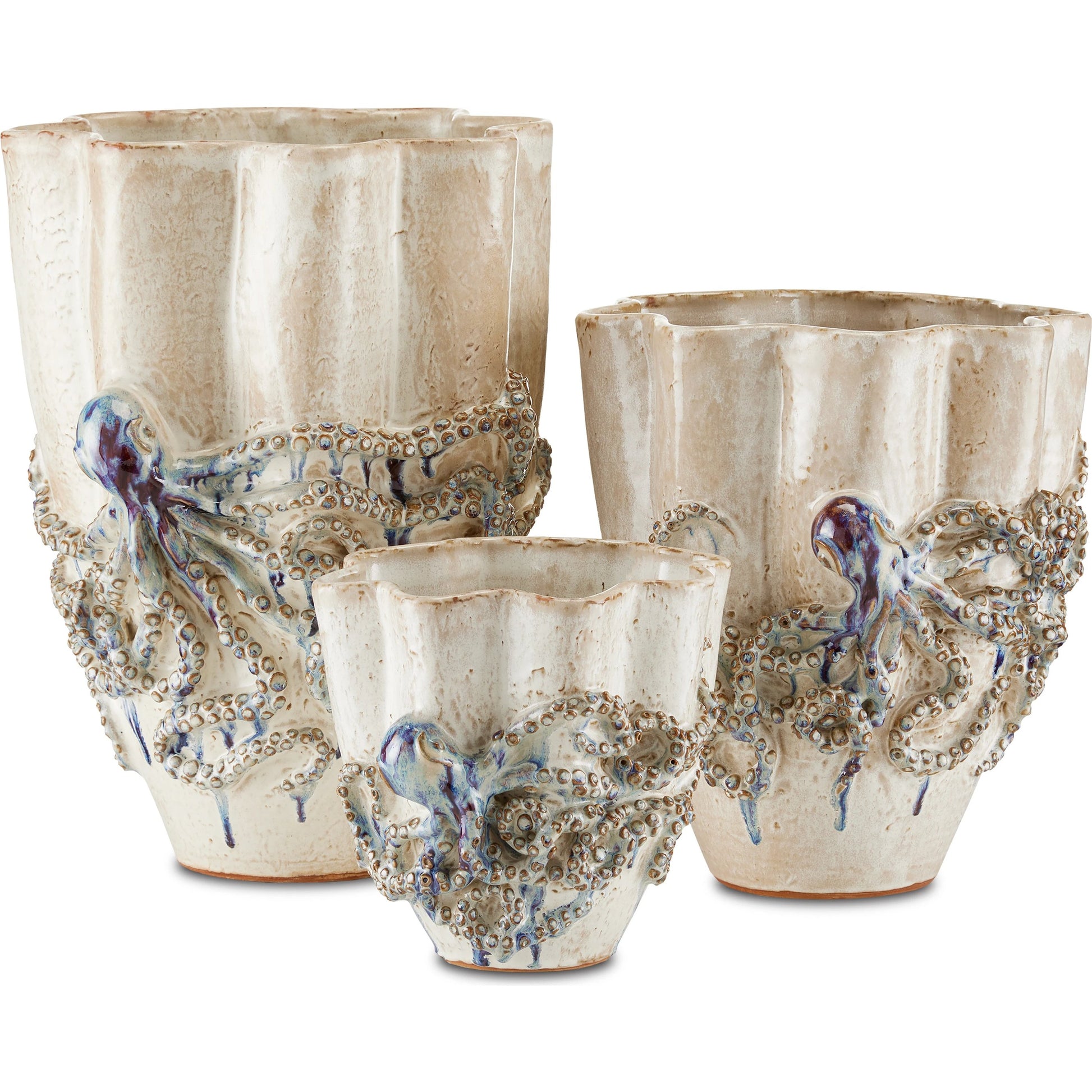 Octopus Vase by Currey and Company in cream, reactive blue. Made from ceramic in a coastal style.