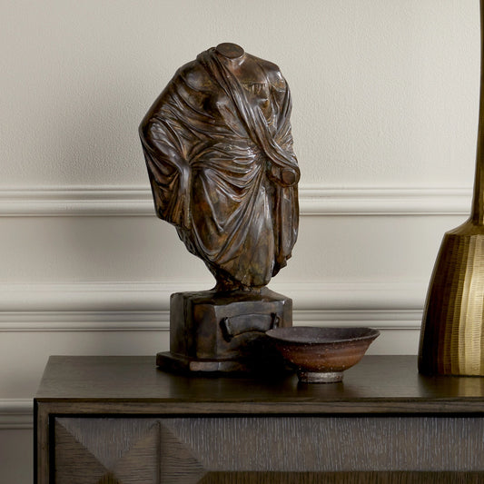 Greek Female Torso by Currey and Company in antique bronze. Made from bronze in a traditional style.