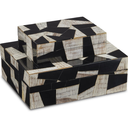Bindu Box Set by Currey and Company in natural, black, linen. Made from chiseled horn, composite, linen, engineered hardwood in a modern style.