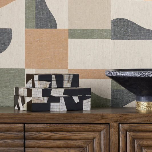 Bindu Box Set by Currey and Company in natural, black, linen. Made from chiseled horn, composite, linen, engineered hardwood in a modern style.