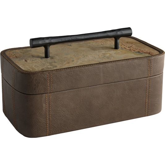 Tesoro Box by Cyan Design in smoke grey, slate veneer, matte black. Made from leather, slate veneer, cast iron in a unique style.