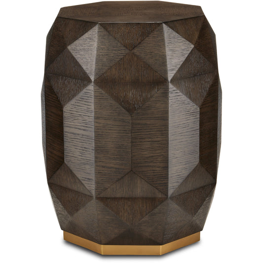 Kendall Accent Table by Currey and Company in dove gray, polished brass. Made from oak solids, veneers, brass in a modern style.