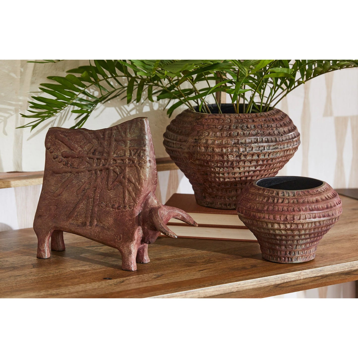 008 SI-2328832 | Lifestyle | Yucca Vase by Cyan Design in antique ochre. Made from cast aluminum in a rustic style.