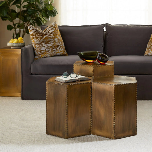 Korio Bunching Table by Cyan Design in aged brass. Made from brass sheet, wood in a unique style.