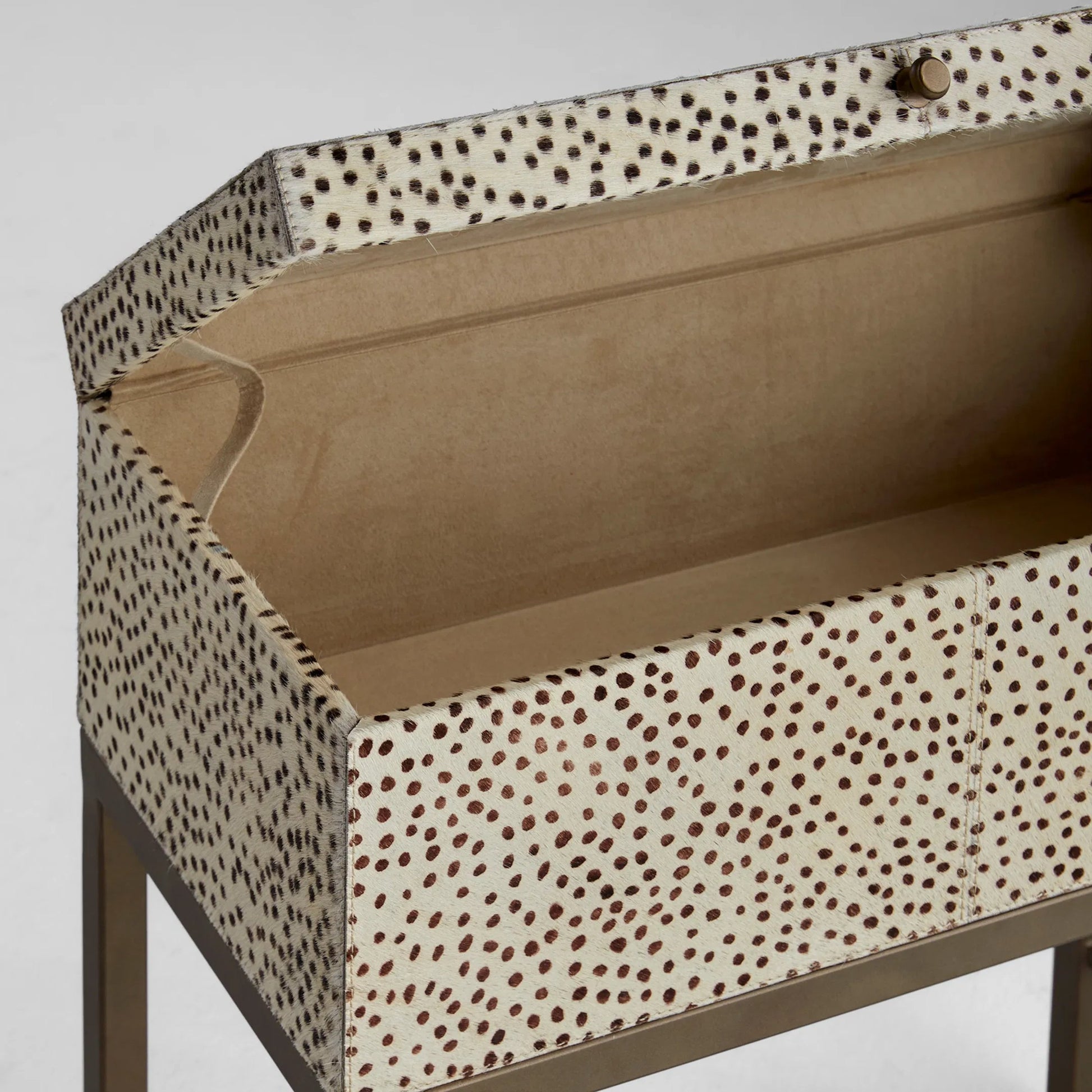 Gaborone Box on Stand by Cyan Design in antique brass. Made from hide leather, mild steel in a eclectic & global style.
