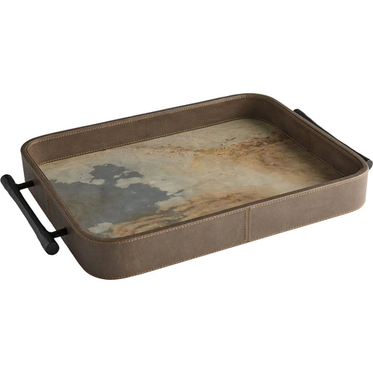 Tesoro Tray by Cyan Design in smoke grey, slate veneer, matte black. Made from leather, slate veneer, contrasting top-stitch in a traditional style.