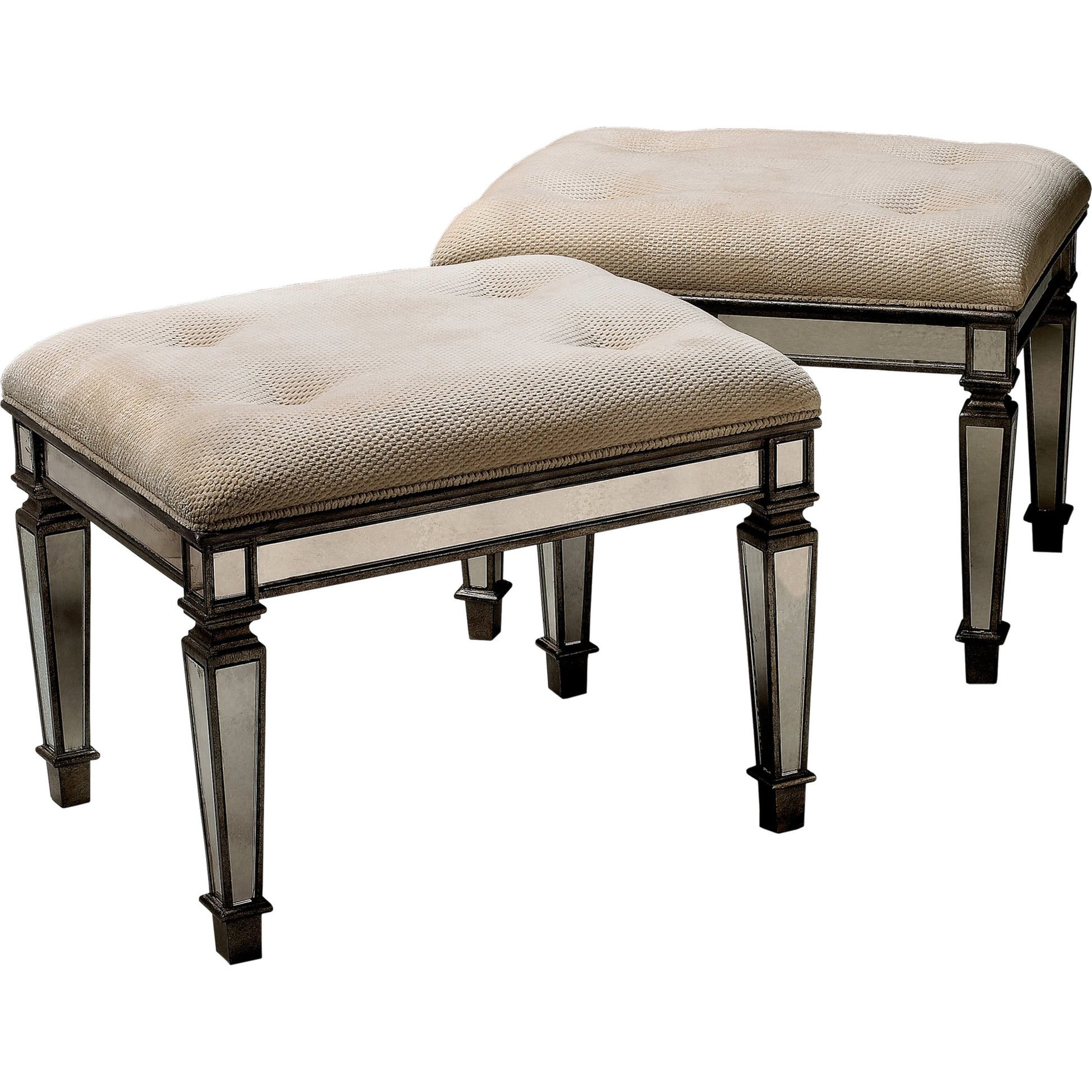 Celeste Mirrored Vanity Seat by Butler Specialty Company in silver and mirror. Made from poplar solids, mdf, antique mirrored glass, cotton, urethane foam in a traditional style.