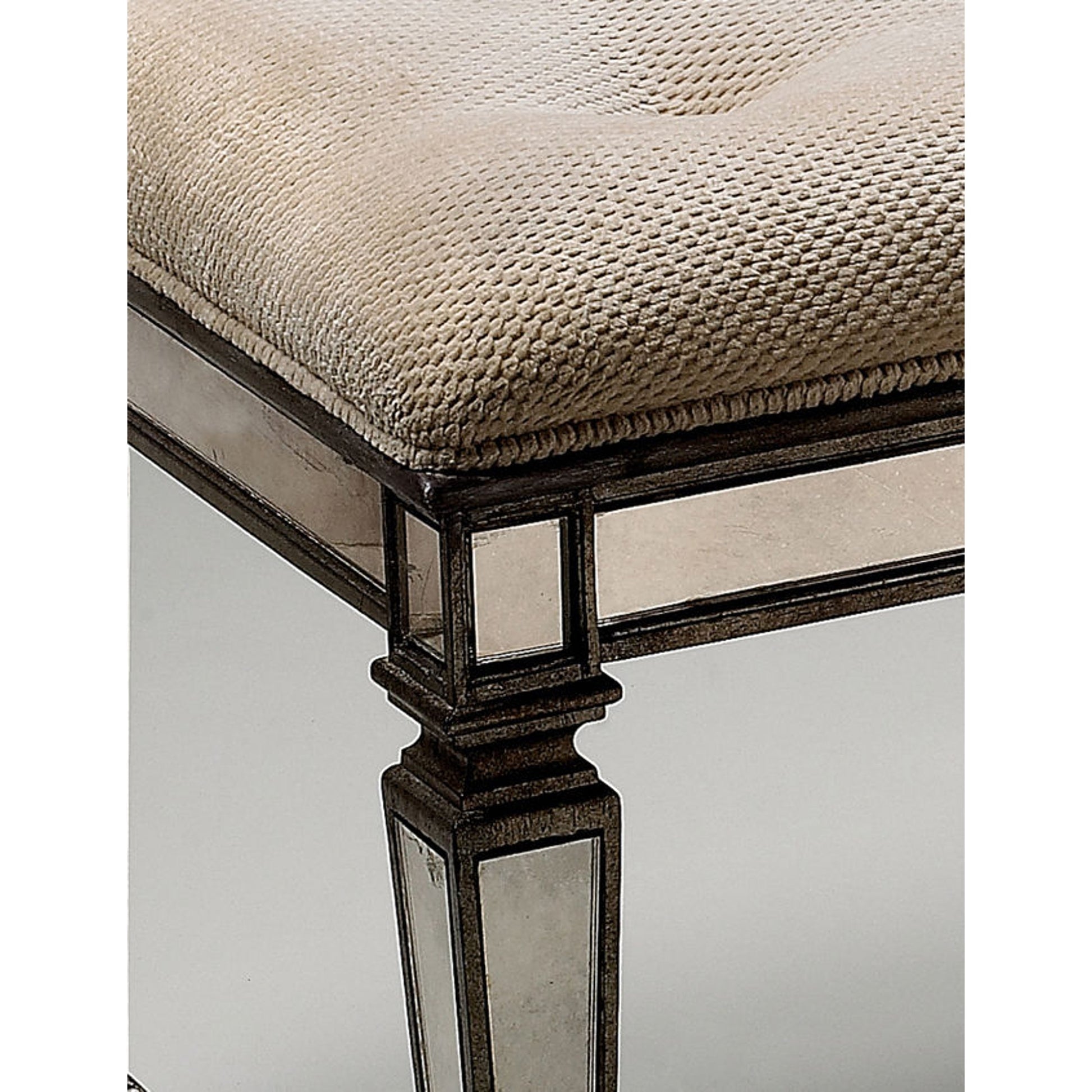 Celeste Mirrored Vanity Seat by Butler Specialty Company in silver and mirror. Made from poplar solids, mdf, antique mirrored glass, cotton, urethane foam in a traditional style.