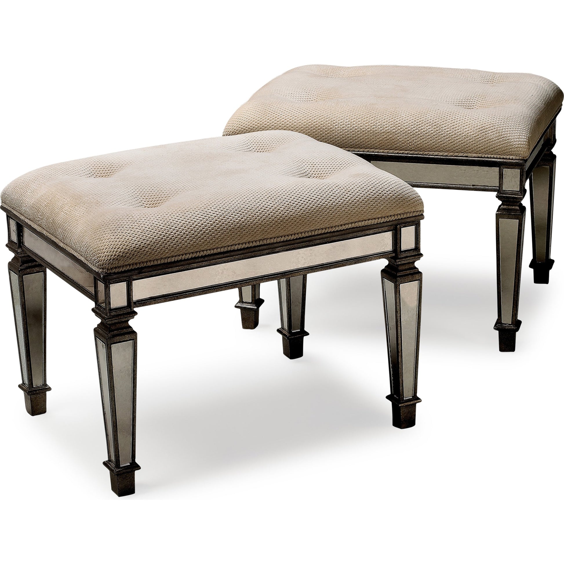 Celeste Mirrored Vanity Seat by Butler Specialty Company in silver and mirror. Made from poplar solids, mdf, antique mirrored glass, cotton, urethane foam in a traditional style.