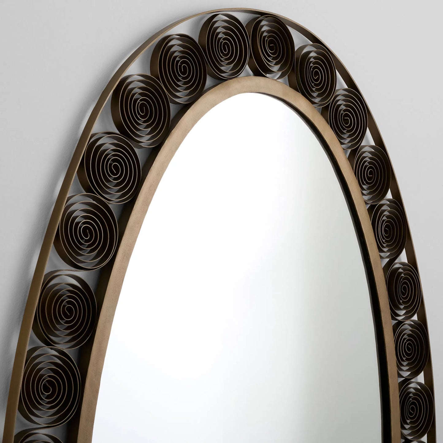 003 SI-2445041 | Closeup | Spiro Mirror by Cyan Design in torched brass. Made from mild steel in a unique style.