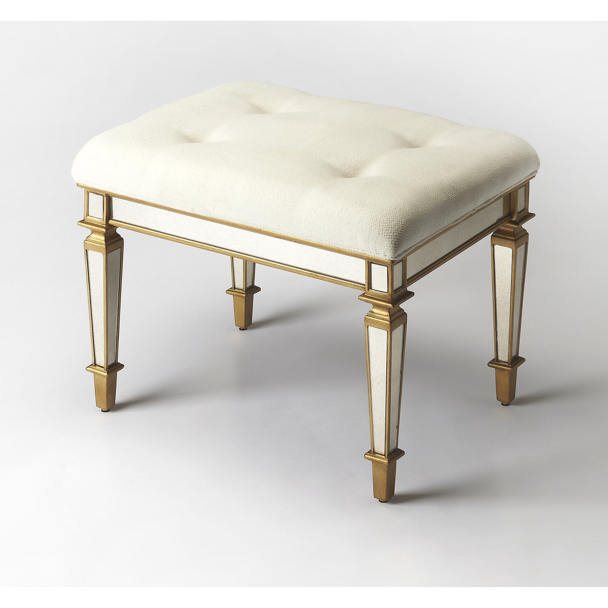 Celeste Mirrored Vanity Seat by Butler Specialty Company in silver and mirror. Made from poplar solids, mdf, antique mirrored glass, cotton, urethane foam in a traditional style.