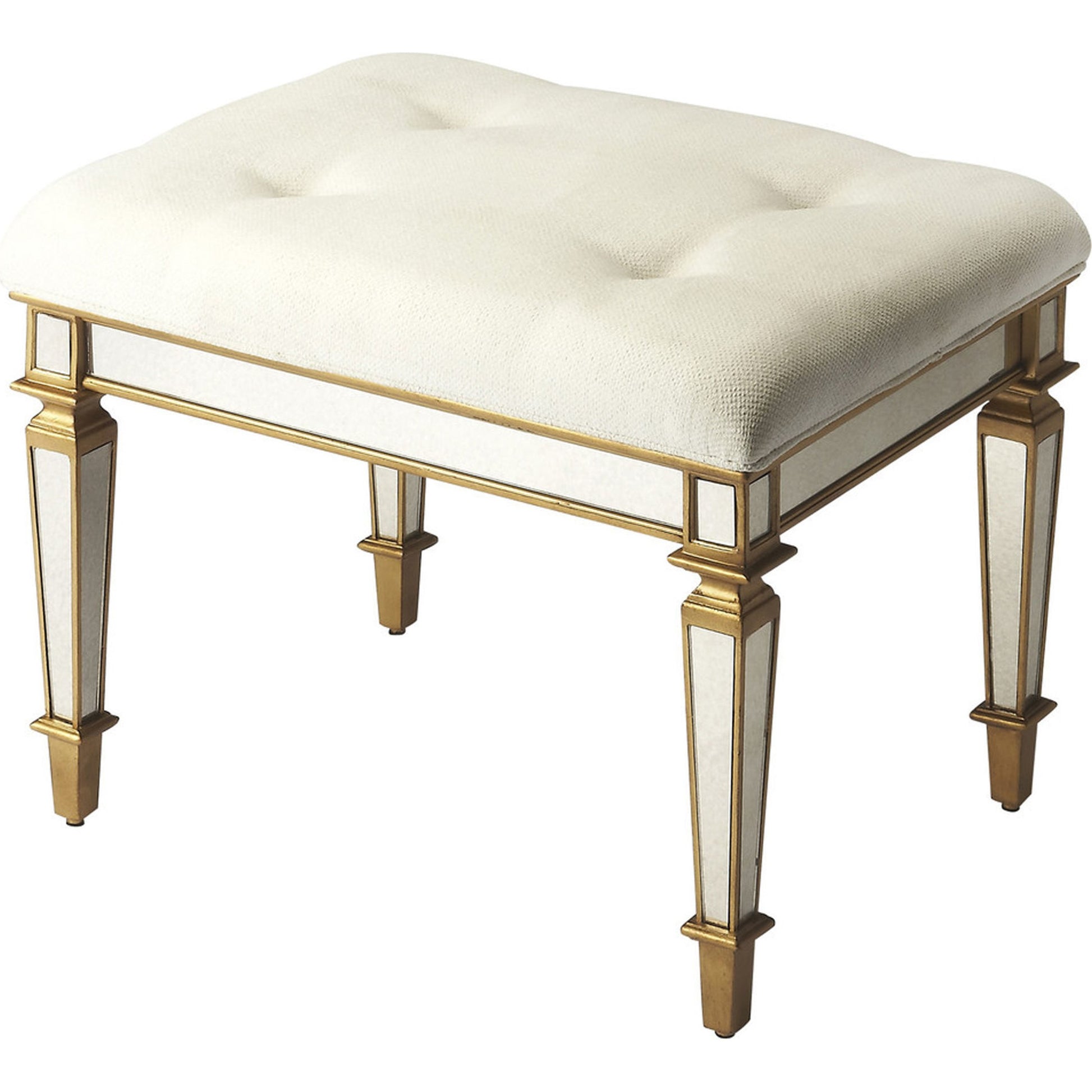 Celeste Mirrored Vanity Seat by Butler Specialty Company in silver and mirror. Made from poplar solids, mdf, antique mirrored glass, cotton, urethane foam in a traditional style.