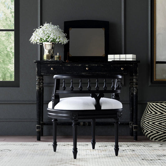 Hathaway Vanity Seat by Butler Specialty Company. Made from poplar wood solids, mdf, urethane foam, cotton fabric in a traditional style.