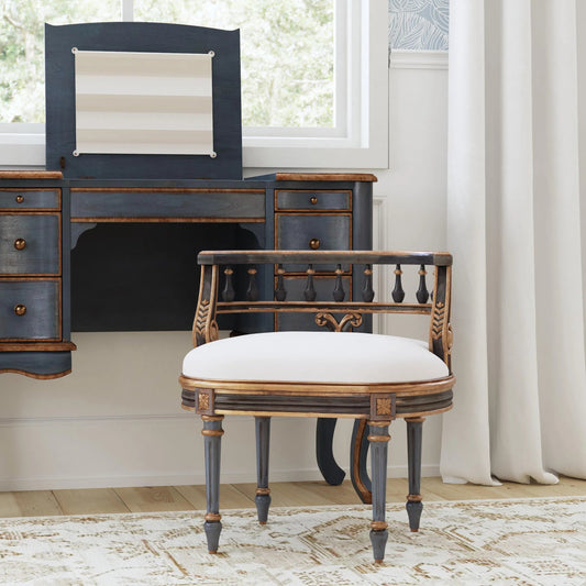 Hathaway Oval Upholstered Vanity Seat by Butler Specialty Company in pastel blue. Made from poplar wood, mdf, urethane foam, cotton in a unique style.