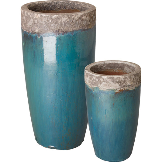 Round Indoor/Outdoor Pots (Set of 2) by Emissary in reef, teal and semi-glossy glaze. Made from ceramic in a unique style.