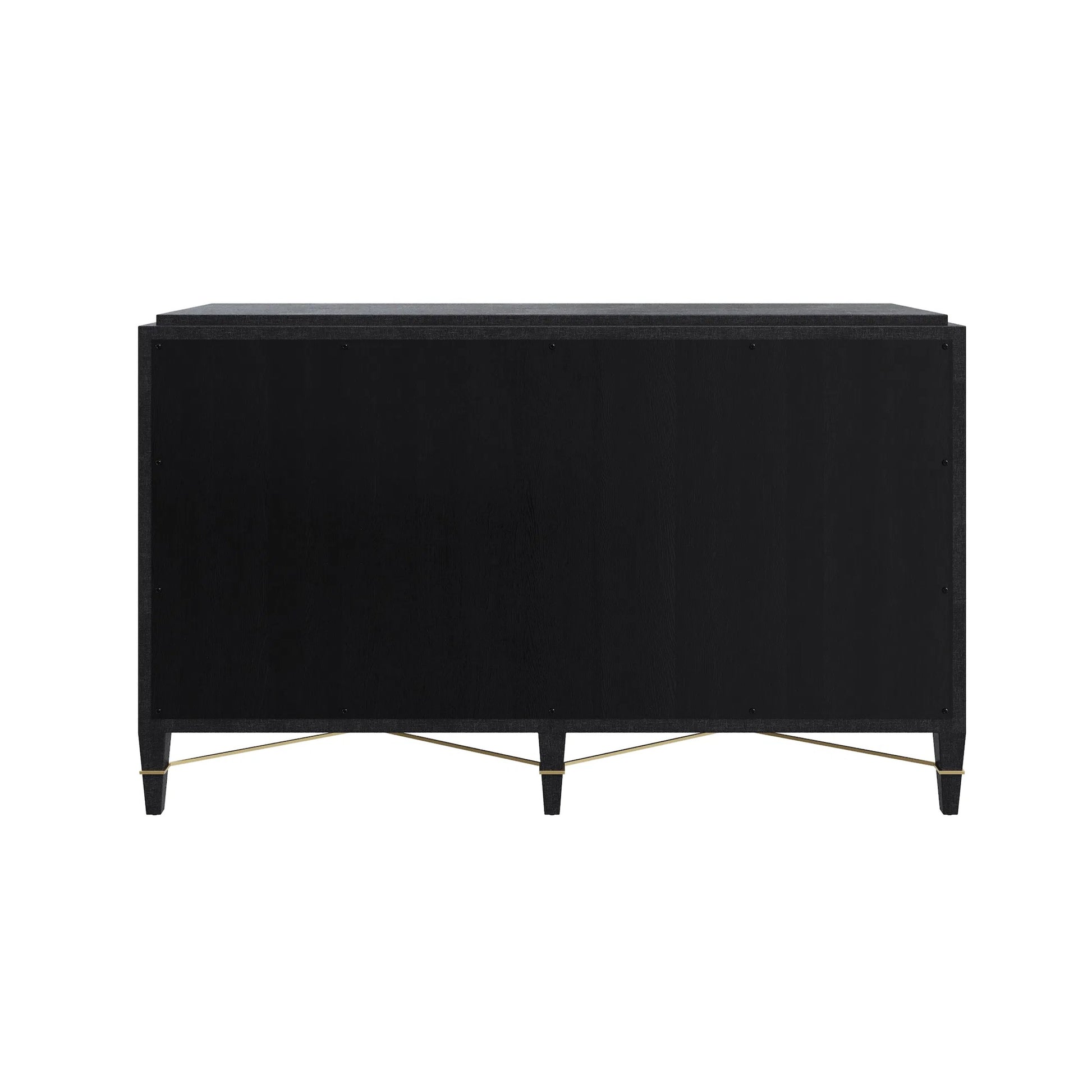 Verona Six-Drawer Chest by Currey and Company in black, natural, champagne, silver. Made from lacquered linen, mahogany, engineered wood, metal, faux velvet in a modern style.