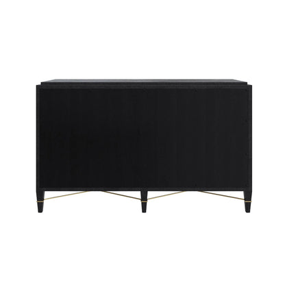 Verona Six-Drawer Chest by Currey and Company in black, natural, champagne, silver. Made from lacquered linen, mahogany, engineered wood, metal, faux velvet in a modern style.
