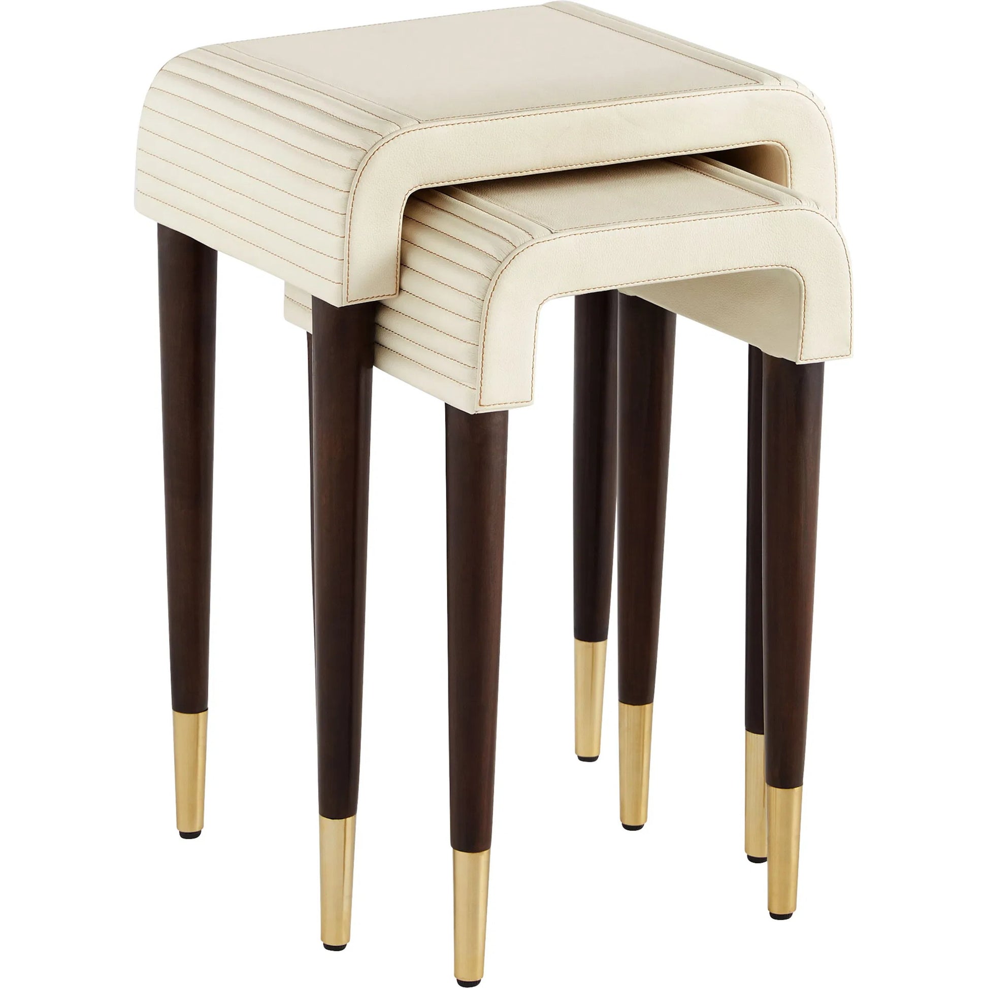 Channel Nesting Tables (Set of 2) by Cyan Design in off white, walnut. Made from leather, mdf, brass in a transitional style.