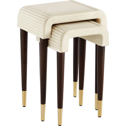 Channel Nesting Tables (Set of 2) by Cyan Design in off white, walnut. Made from leather, mdf, brass in a transitional style.