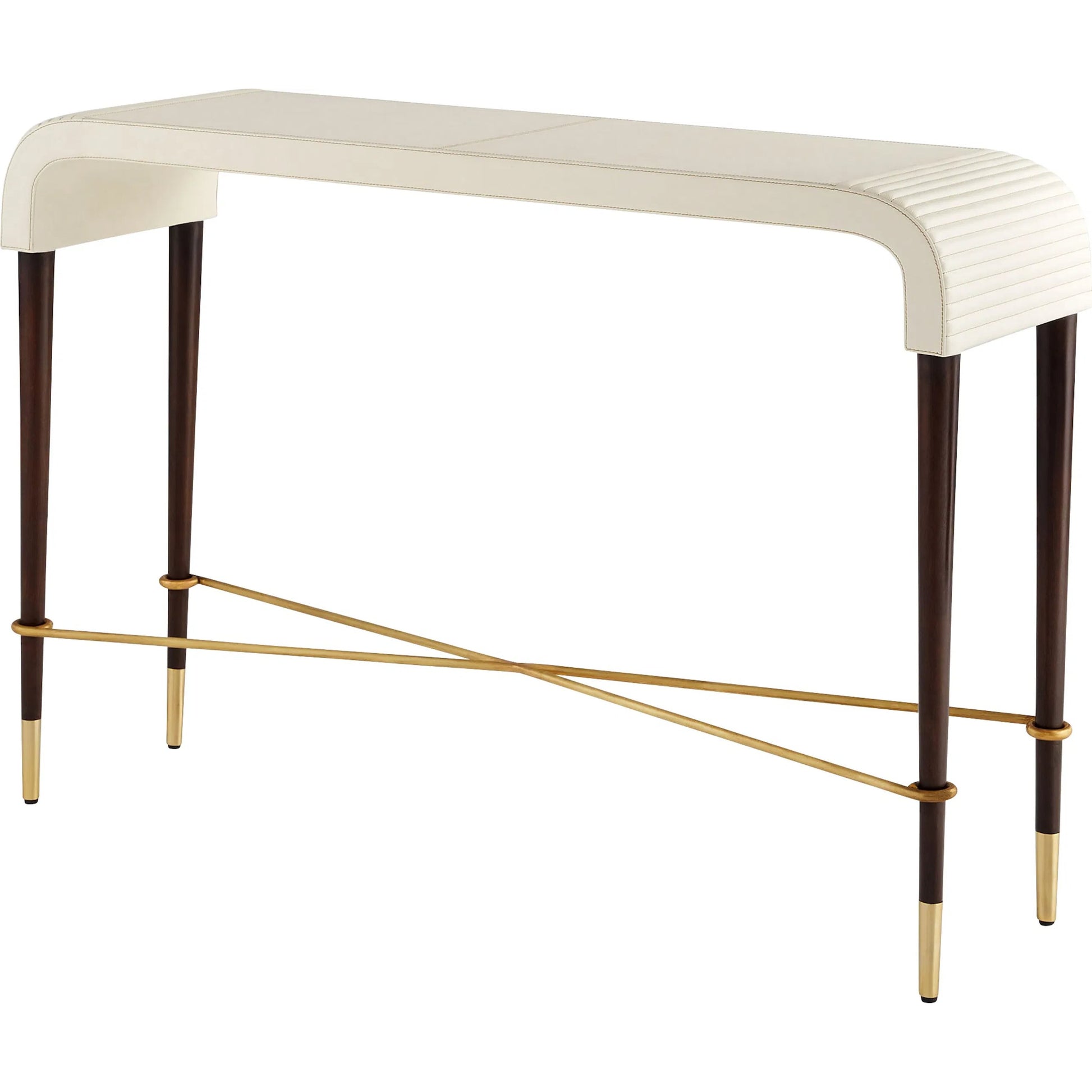 Channel Console Table by Cyan Design in off white, walnut. Made from leather, mdf, brass in a transitional style.