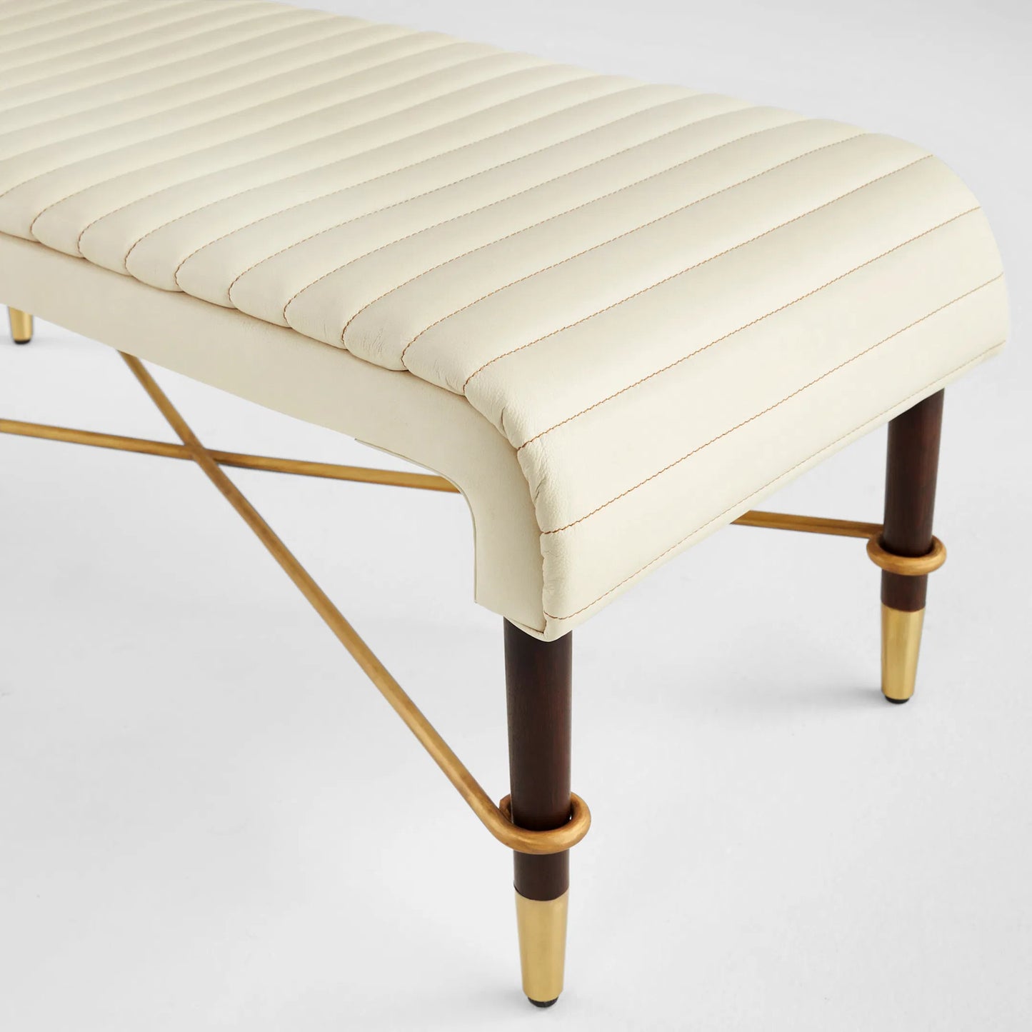 002 SI-2328572 | Closeup | Channel Bench by Cyan Design in off white, walnut. Made from leather, mdf, brass in a transitional style.