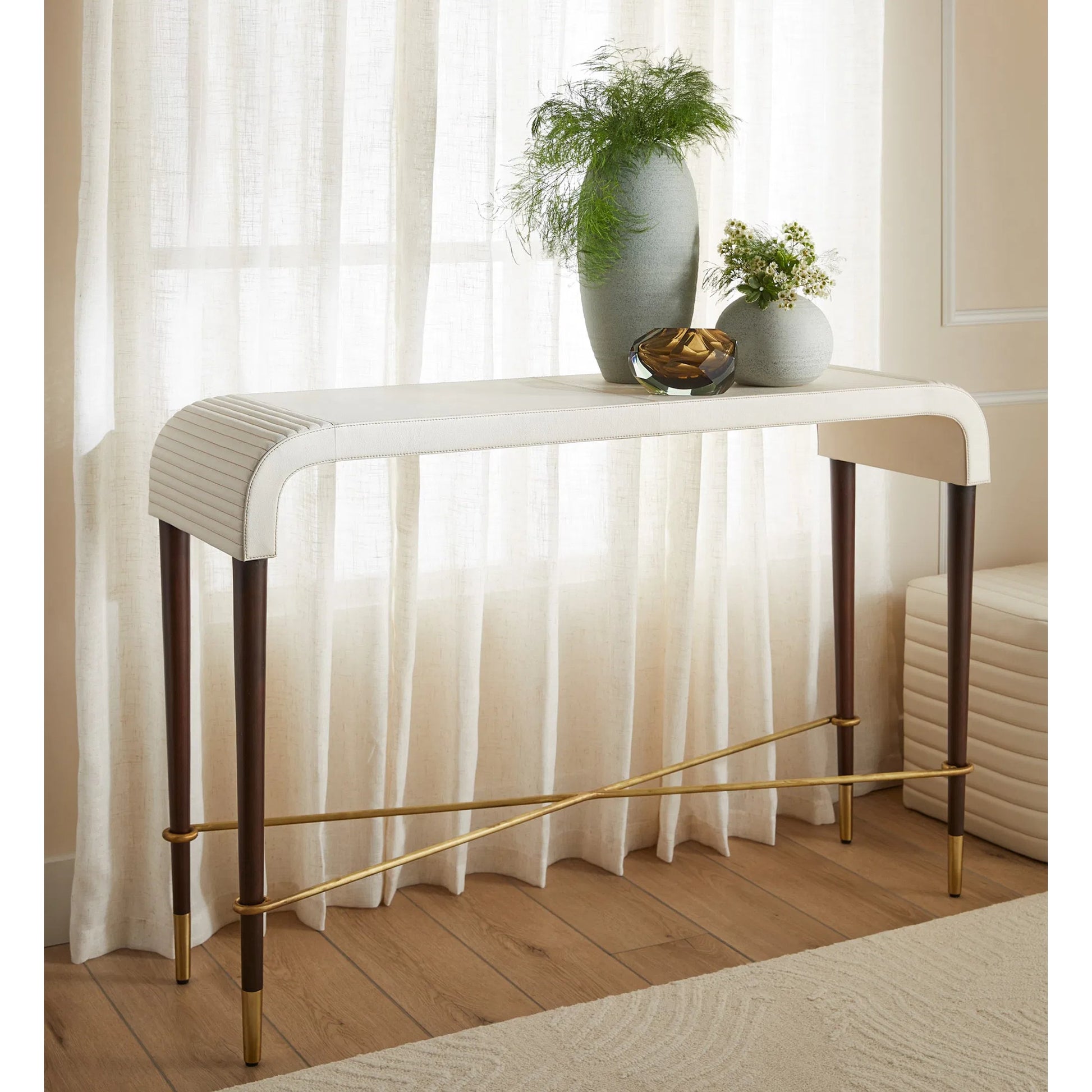 Channel Ottoman by Cyan Design in off white. Made from leather, foam, mdf in a transitional style.