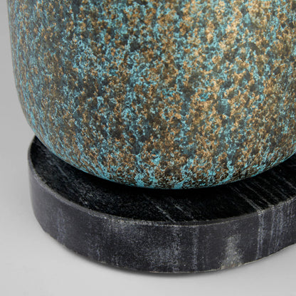 Hepworth Table Lamp by Cyan Design in verde green patina, antique brass, black. Made from mild steel, marble, linen in a modern style.