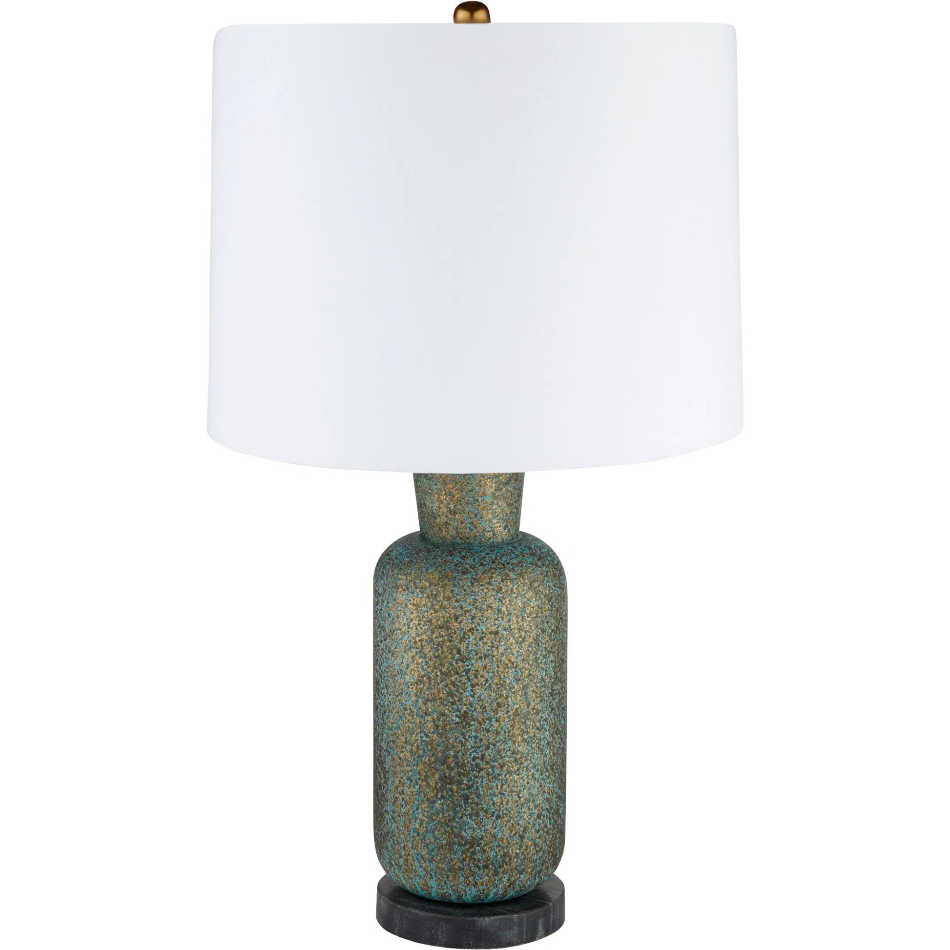 Hepworth Table Lamp by Cyan Design in verde green patina, antique brass, black. Made from mild steel, marble, linen in a modern style.
