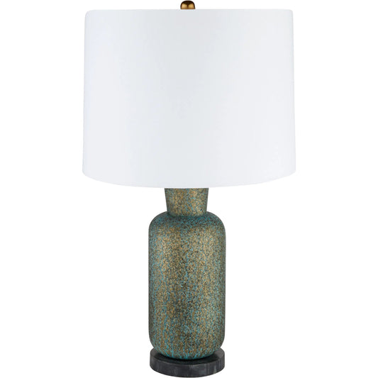 Hepworth Table Lamp by Cyan Design in verde green patina, antique brass, black. Made from mild steel, marble, linen in a unique style.