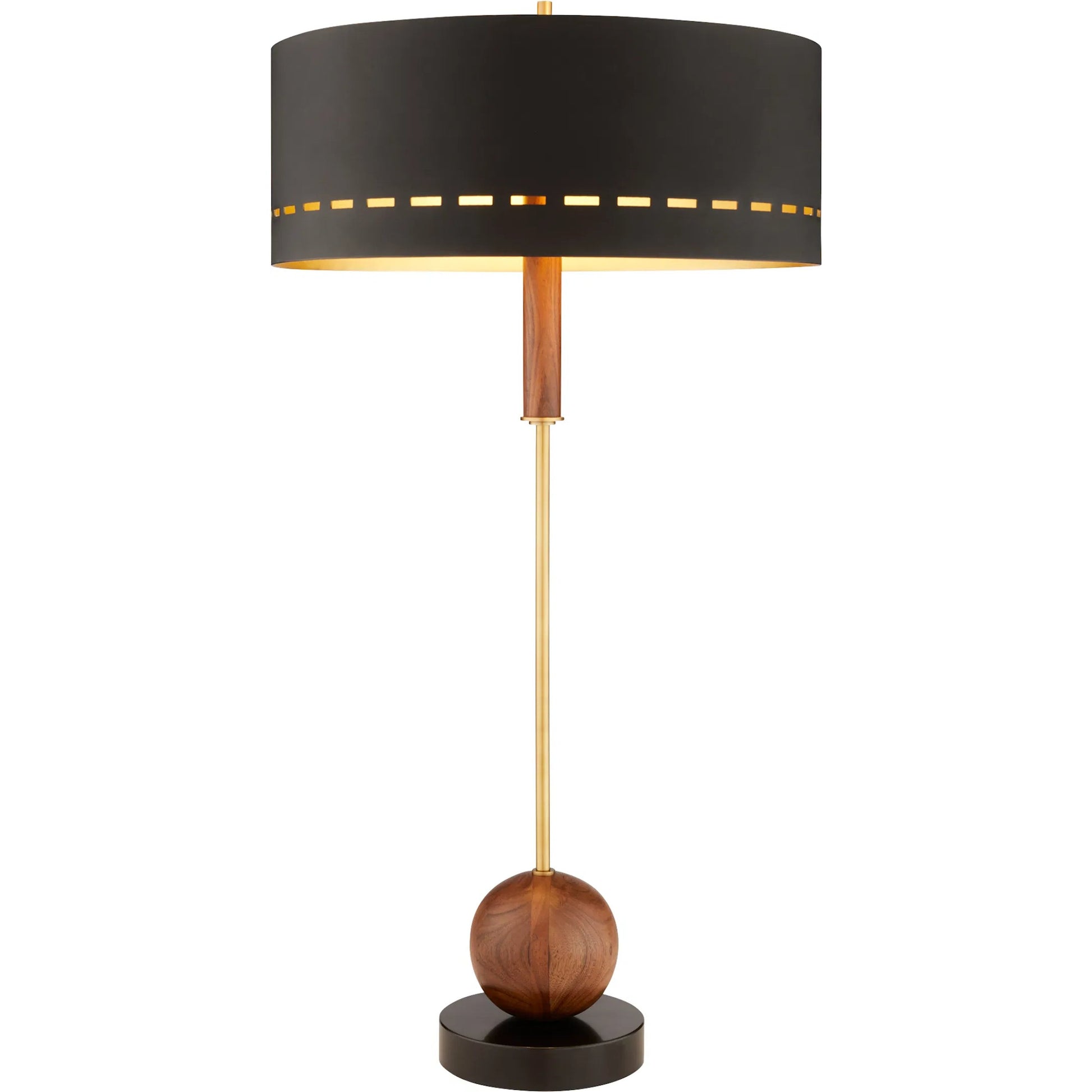 Savile Table Lamp by Cyan Design in walnut, antique brass, black. Made from aluminum, brass, acacia wood in a modern style.