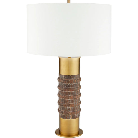 Anneau Table Lamp by Cyan Design in charcoal, antique brass, white. Made from brass, melia azedarach wood, linen in a unique style.