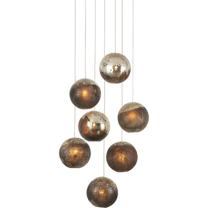 Pathos Round 7-LIGHT Multi-Drop Pendant by Currey and Company in antique silver, antique gold, matte charcoal, silver. Made from glass in a modern style.