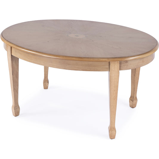 Clayton Oval Coffee Table by Butler Specialty Company in beige and cherry. Made from poplar solids, mdf, cherry, maple and walnut veneers in a cottage & farmhouse style.