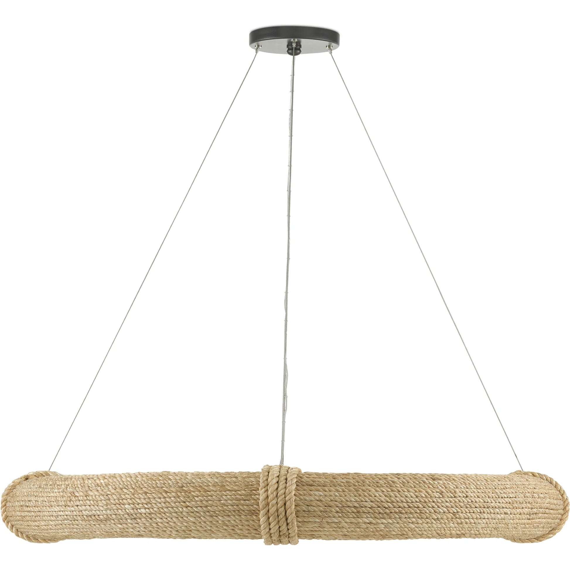 Portmeirion Chandelier by Currey and Company in satin black, abaca rope. Made from wrought iron, abaca rope in a coastal style.