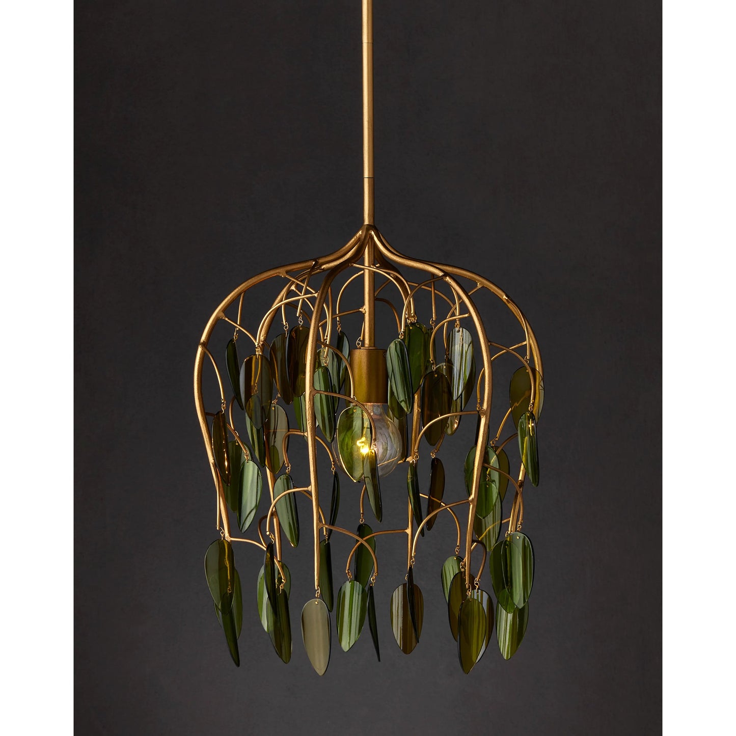 004 SI-2191786 | Lifestyle | Midsummer Pendant by Currey and Company in brass, green. Made from wrought iron, recycled bottle glass in a modern style.