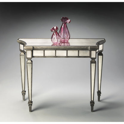 Garbo Mirrored Console Table by Butler Specialty Company in silver and mirror. Made from poplar solids, mdf, antique mirrored glass in a traditional style.