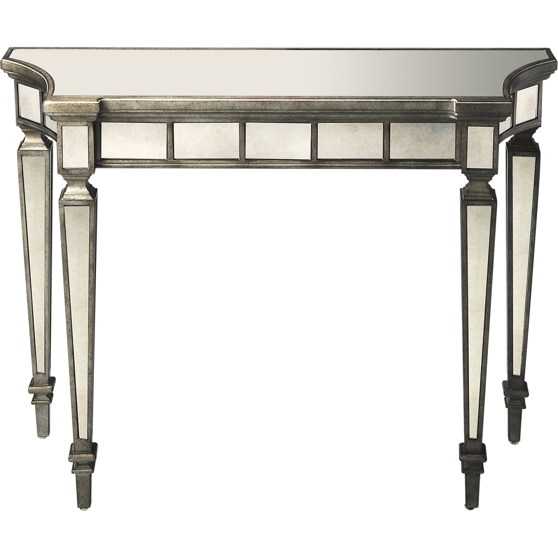 Garbo Mirrored Console Table by Butler Specialty Company in silver and mirror. Made from poplar solids, mdf, antique mirrored glass in a traditional style.