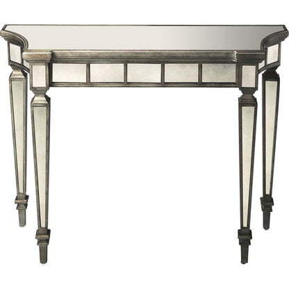 Garbo Mirrored Console Table by Butler Specialty Company in silver and mirror. Made from poplar solids, mdf, antique mirrored glass in a traditional style.
